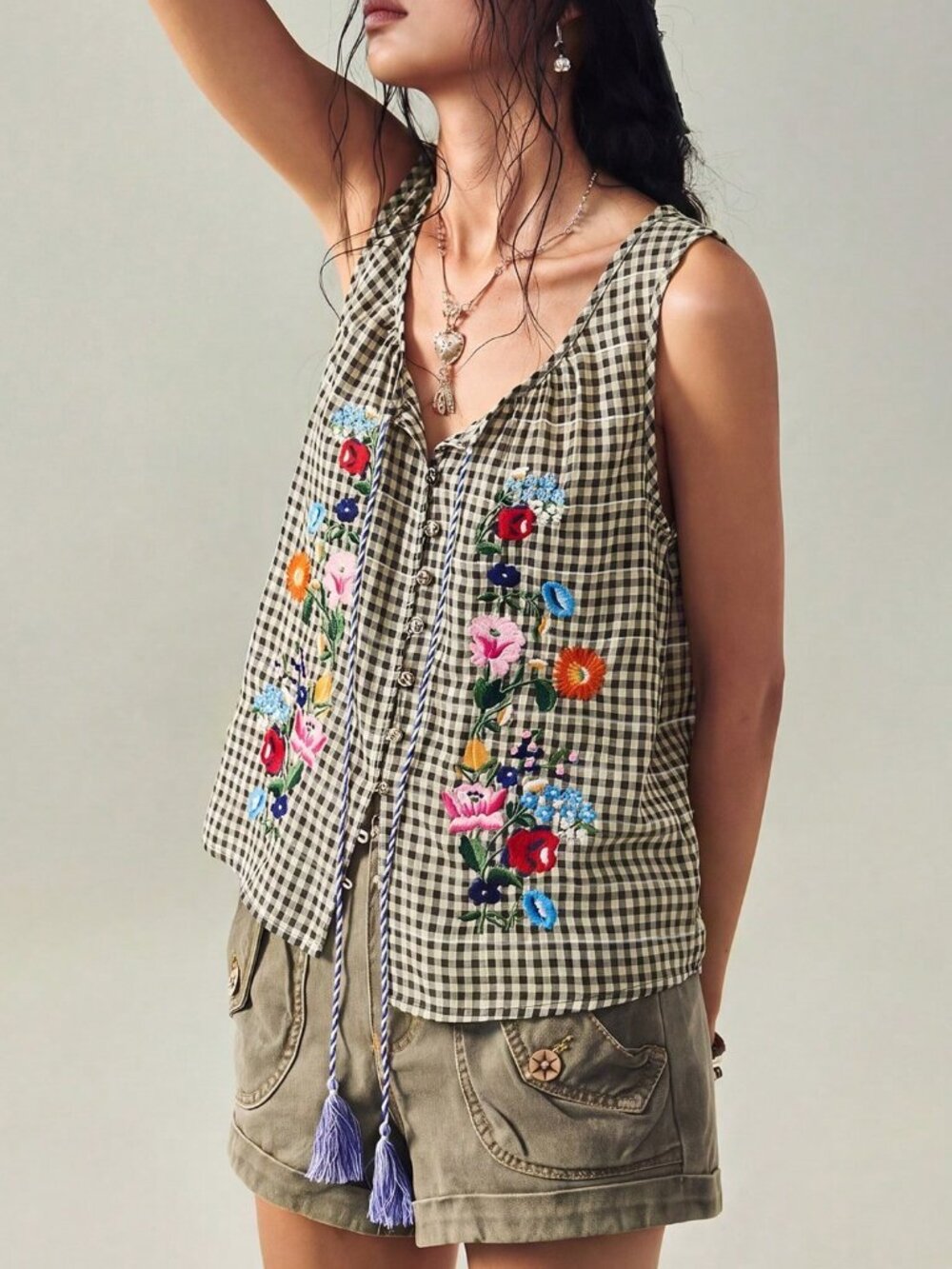 Boho Women's Gingham Embroidered Sleeveless Square Neck Tassel Front Blouse - Picture 7 of 8